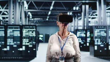 Aged IT admin in modern server room wearing virtual reality headset, performing racks maintenance. Trained specialist using vr glasses in high tech workspace to do checkup on hardware - Powered by Adobe