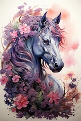 A pretty horse illustration with flowers and white background. Generative AI. 