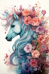 A pretty horse illustration with flowers and white background. Generative AI. 