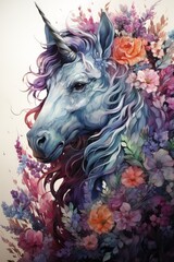 Obraz na płótnie Canvas A pretty horse illustration with flowers and white background. Generative AI. 