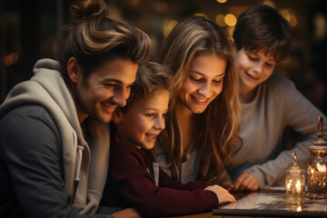Fototapeta premium A family gathers around a laptop, participating in a virtual history lesson as part of their homeschooling curriculum. Generative AI.