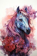 Obraz na płótnie Canvas A pretty horse illustration with flowers and white background. Generative AI. 