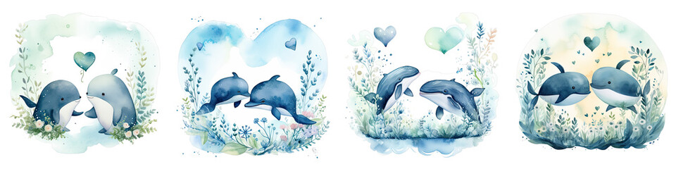 Png Set Romantic blue themed watercolor card featuring whales plants and a heart transparent background