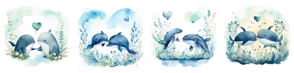 Photo sur Aluminium brossé Baleine Png Set Romantic blue themed watercolor card featuring whales plants and a heart transparent background