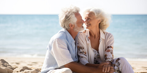 Happy romantic senior couple kissing sitting in front of the sea, two elderly people loving each other and enjoying beach vacation or retirement together