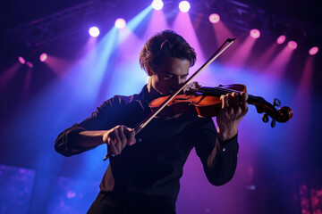 Fototapeta premium A dancer's movements are accompanied by live music, merging auditory and kinesthetic elements in a captivating sensory performance. Generative AI.
