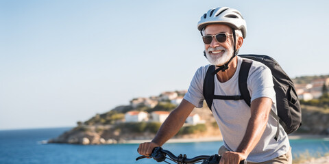 Senior athletic man with electric bicycle in outdoors excursion at sea wearing helmet enjoying freedom, authentic healthy retirement lifestyle
