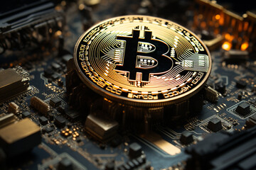 Bitcoin BTC Symbol Münze mit Computer Blockchain Technologie. Generative Ai. - obrazy, fototapety, plakaty