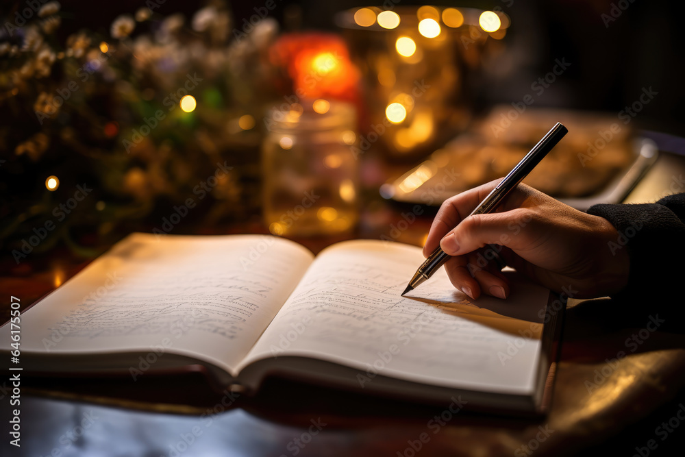 Canvas Prints A close-up of a person's hand holding a journal, highlighting the therapeutic benefits of expressive writing for mental health. Generative Ai.