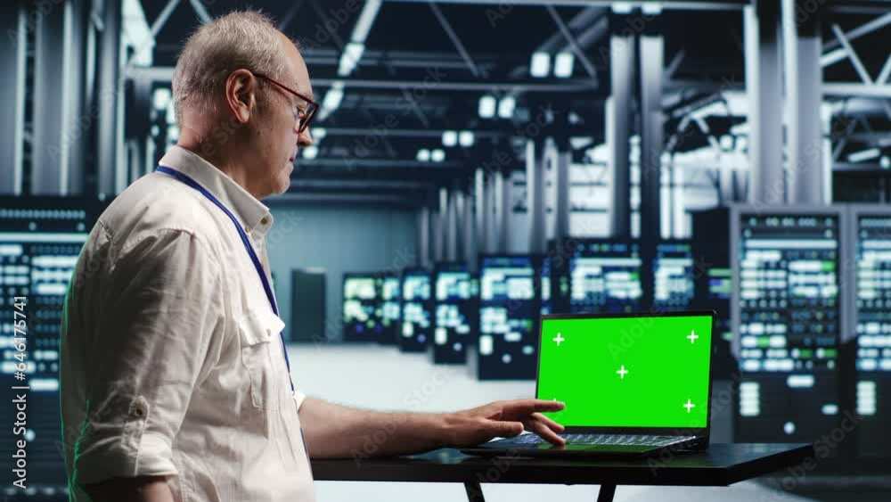 Poster developer in server room expertly managing data while navigating through industrial mainframes. expe