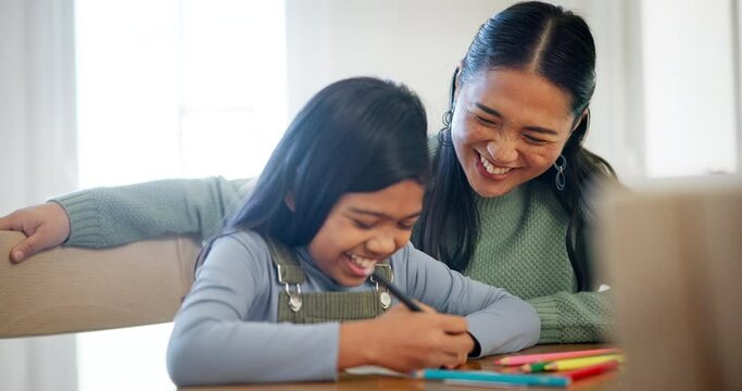 Education, high five and mother help child writing homework as support or care on a home table together. Learning, success and happy parent teaching kid with creativity achievement and growth