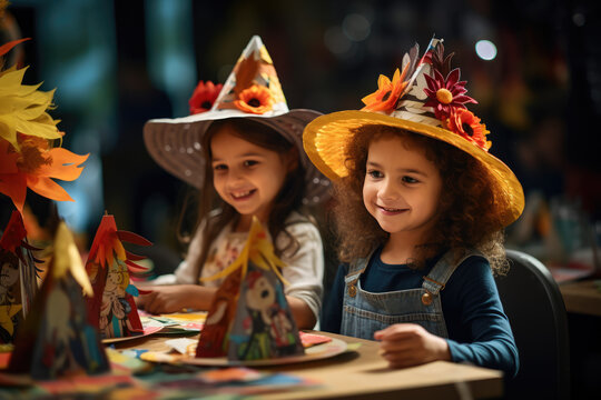 Children excitedly crafting paper turkeys and pilgrim hats to wear during their Thanksgiving celebration. Generative Ai.