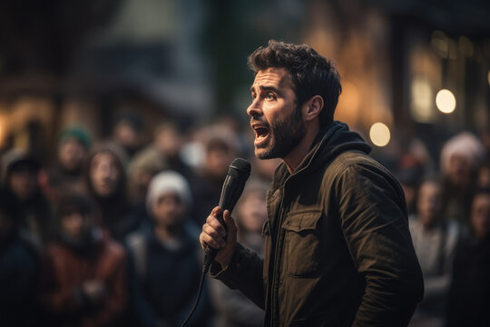 A Human Rights Advocate Giving A Passionate Speech At A Public Rally, Inspiring Others To Take Action. Generative Ai.