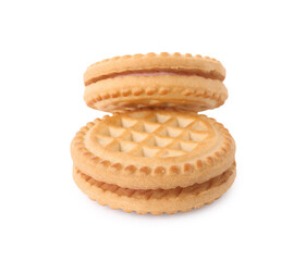 Tasty sandwich cookies with cream isolated on white