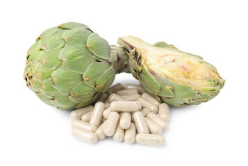 Fresh artichokes and pills isolated on white