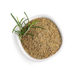 Bowl of fresh and dry rosemary isolated on white, top view