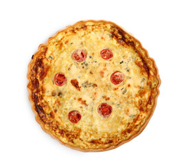 Delicious quiche with cheese and tomatoes isolated on white, top view