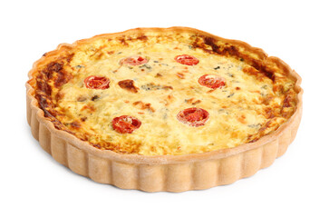 Delicious quiche with cheese and tomatoes isolated on white