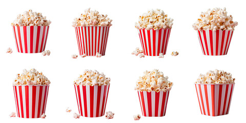 Png Set transparent background with isolated red and white striped popcorn bucket - obrazy, fototapety, plakaty