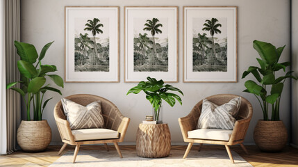 living room with plants, chairs and tropical print, bohemian modern interior design