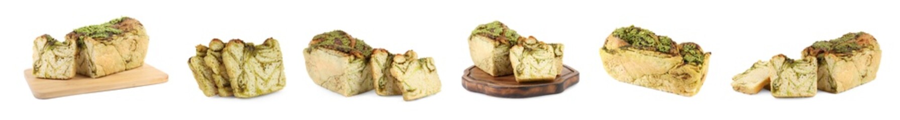 Collage with freshly baked pesto bread isolated on white, loaf and pieces