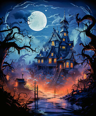 Fototapeta na wymiar The Haunted House Under the Full Moon 