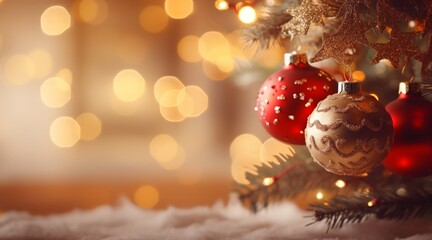 Fototapeta na wymiar Beautiful Christmas banner background composition Decorative tree, bokeh background