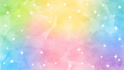 水彩風のカラフルなグラデーションの背景と星とキラキラのイラスト　アスペクト比16：9バージョン