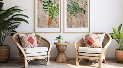 a beautiful room with a few tropical inspired images, bohemian modern interior design