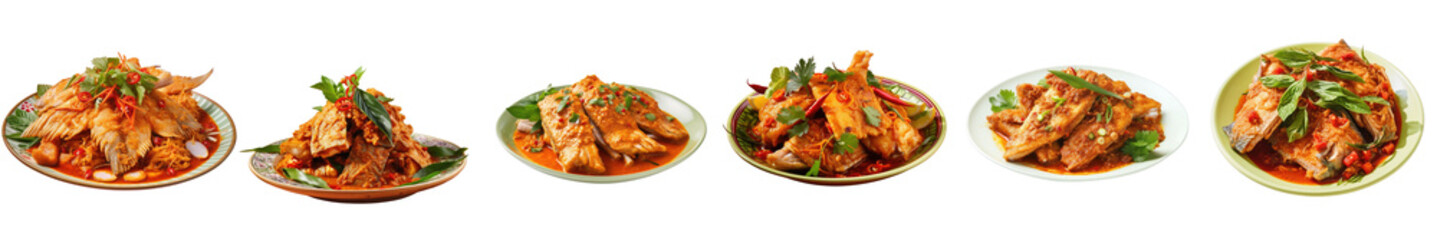 Png Set Thai fish dish with red curry paste Chu Chee Pla served on a transparent background with...