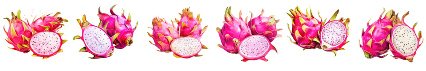 Png Set Watercolor drawing of dragon fruit on a transparent background representing healthy food