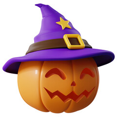 3D Halloween Pumpkin with Wizard hat.Halloween design element In 3D and plastic cartoon style.Halloween pumpkin 3D style for poster, banner, greeting card