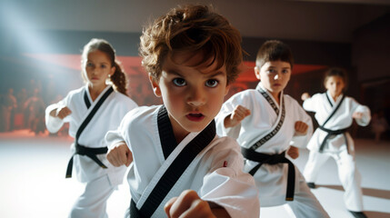 Young children in taekwondo class learning forms.