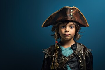 Concentrated child wearing a pirate hat on a solid sea blue background.