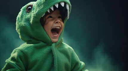 Overjoyed child in a dinosaur costume pajamas on a solid green background.