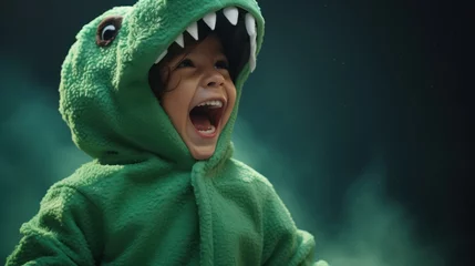 Zelfklevend Fotobehang Overjoyed child in a dinosaur costume pajamas on a solid green background. © MADMAT