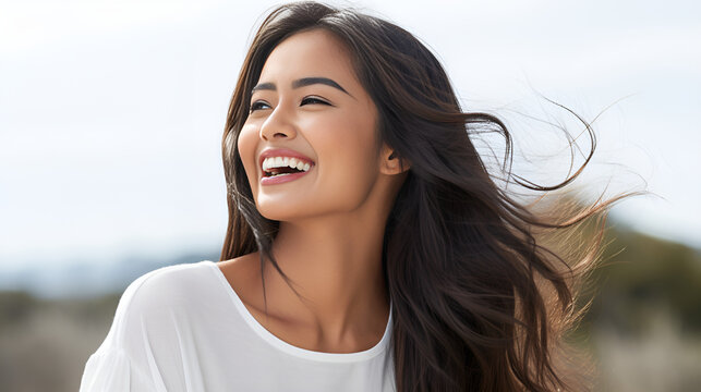 portrait smile of a young Asian Indian model woman with flawless teeth, commercial, perfect for a dental ad, 