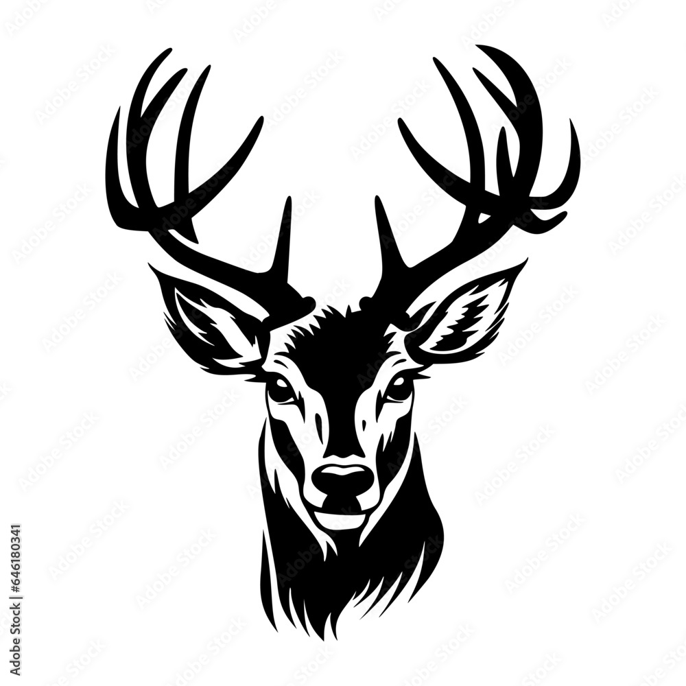 Wall mural Black silhouette of a deer face. Big horns wild animal. Simple black silhouette graphic. Cartoon style. Vector illustration on white isolated background.