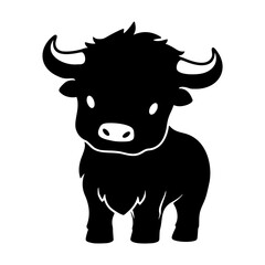 Cute Highland cow silhouette. Baby cow farm animal. Simple black silhouette graphic. Cartoon style. Vector illustration on white isolated background.