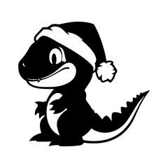 Cute dinosaur wearing a Santa hat. Baby dino silhouette. Simple black graphic. Cartoon style. Vector illustration on white isolated background.