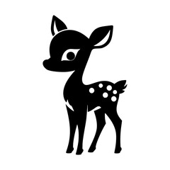 Black silhouette of a deer. Baby deer wild animal. Simple black silhouette graphic. Cartoon style. Vector illustration on white isolated background.