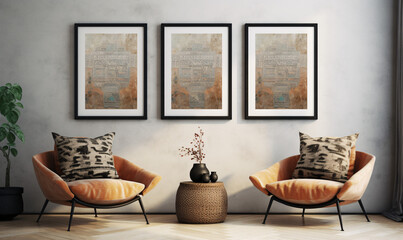 three framed pieces of art, bohemian modern interior design
