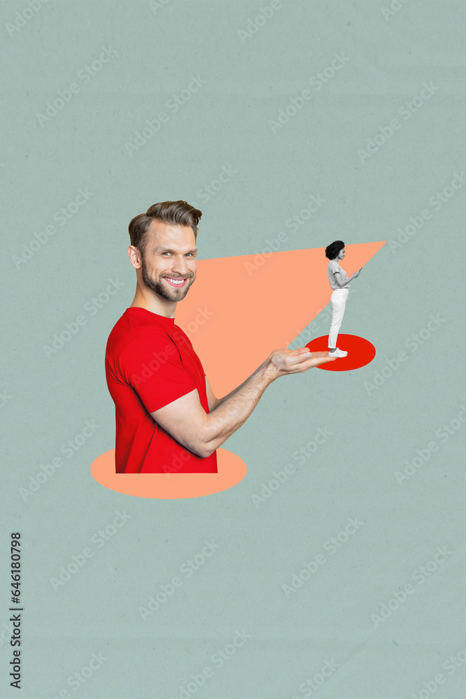 Poster creative retro 3d magazine collage image of happy smiling guy holding arms lady isolated grey color 