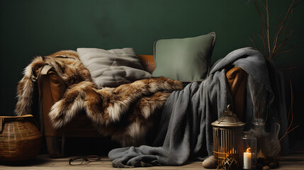 Furniture with various warm blankets and pillows