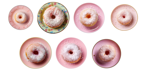 Png Set Top view of a ceramic plate holding a jelly donut dusted with powdered sugar transparent background