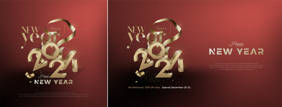 Happy New Year 2024 Vector Design, with an illustration of open gift boxes with gold numbers and glitter around it. Premium vector design for celebrations, greetings and invitations.