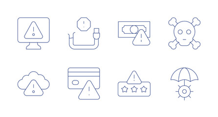 Risk icons. editable stroke. Containing alert, broken cable, cloud, credit card, money, poison, reputational risk, risk.