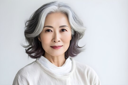  60代の日本人女性のポートレート　白背景　with generative ai