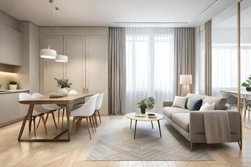 interior design spacious bright studio apartment in Scandinavian style and warm pastel white and beige colors. trendy furniture in the living area and modern details in the kitchen area. 3d rendering