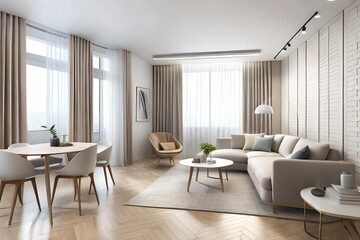 Obraz na płótnie Canvas interior design spacious bright studio apartment in Scandinavian style and warm pastel white and beige colors. trendy furniture in the living area and modern details in the kitchen area.